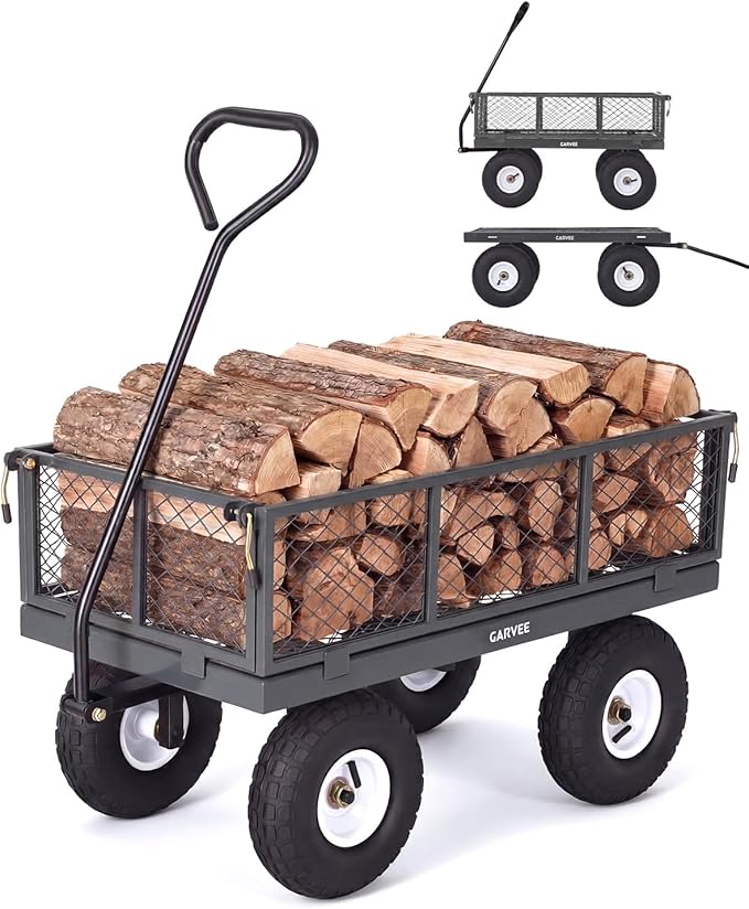 Garvee Versatile Outdoor Utility Cart - 400LBS Heavy-Duty, 10" All-Terrain Pneumatic Tires, Easy Maneuverable Lawn Cart with Removable Mesh Panels for Gardening & Landscaping, Grey
