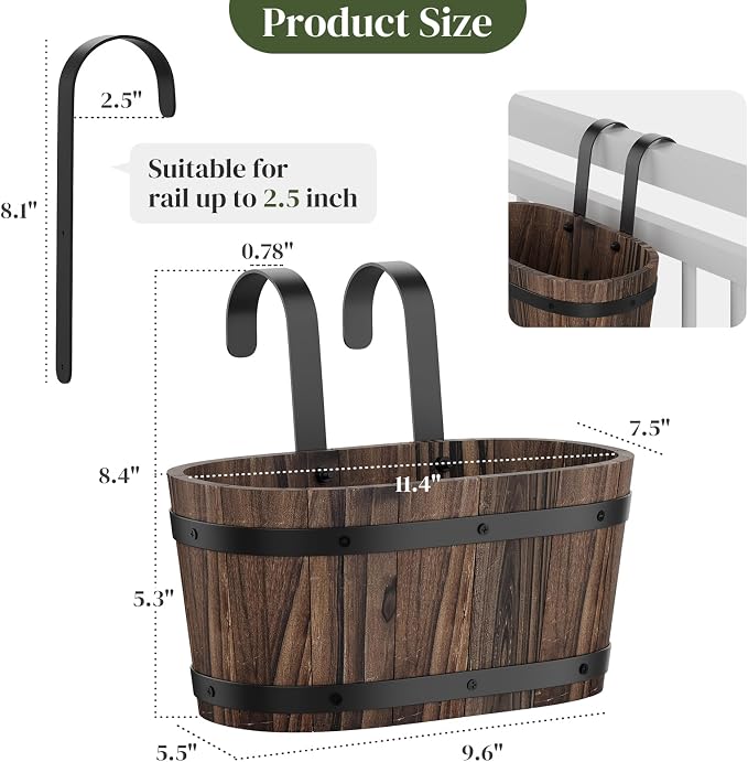 Railing Planters for Outdoor Plants Balcony Hanging Flower Pots with Detachable Hooks, Window Flower Box Hanging Bucket Pots Fence Planters for Garden Home Decor (Carbonized-2pack, Small)