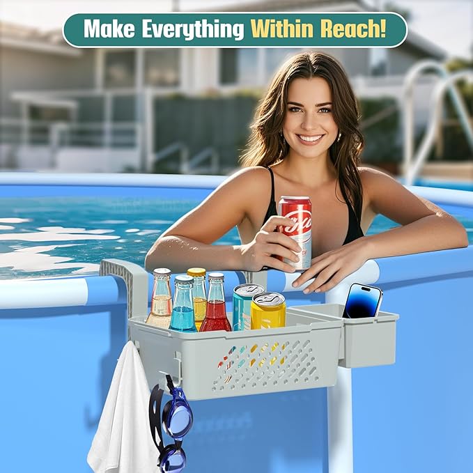 【2026 Upgrade】2-Pack Poolside Storage Basket with Cup Holder, Above Ground Pool Accessories, 3-in-1 Swimming Pool Hanging Storage Baskets to Organize Cups & Towels, Fits 3 Inch or Less Top Rail(Grey)