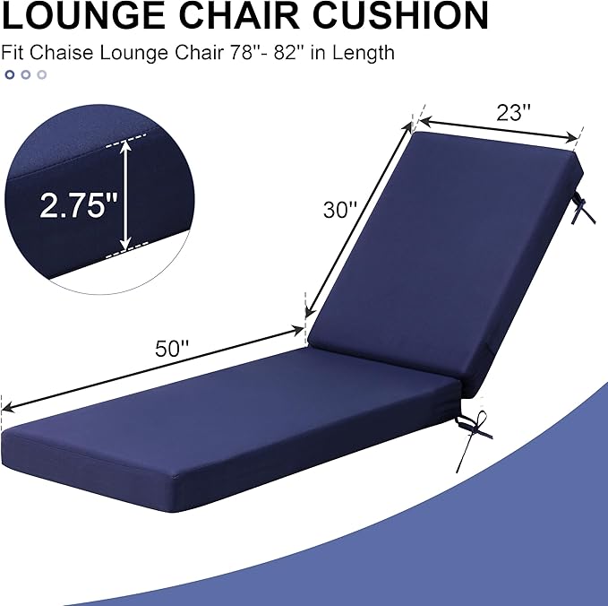 Crestlive Outdoor Chaise Lounge Cushions, 3 Years Fade Resistant Water Resistant Lounge Chair Cushion, 80''L x 23''W, Set of 2, Navy