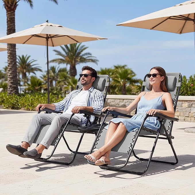 JEAREY Zero Gravity Lounge Chairs Set of 2, Adjustable Steel Mesh Recliners with Pillows and Cup Holder Trays for Patio, Garden, Beach, Light Grey
