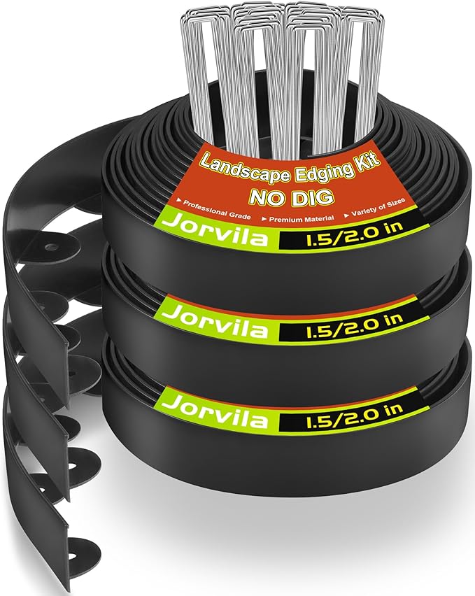Jorvila Landscape Edging, 1.5" x 100' Plastic Garden Edging with 120 Pcs Metal Spikes, Flexible Garden Border for Lawn, Landscaping, Flower Beds