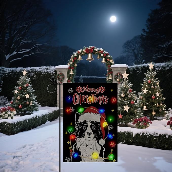 Christmas Dog Garden Flag - Led Border Collie Christmas Decor for Outside, Welcome Garden Flags Double-Sided Flag for Seasonal Winter Farmhouse Yard Lawn Decoration Gifts 12x18 inches