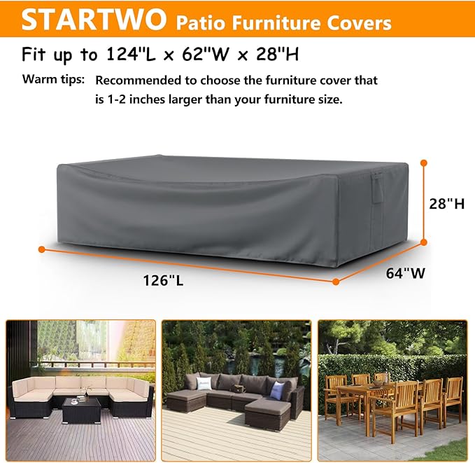 STARTWO Patio Furniture Covers, Waterproof Heavy Duty Outdoor Furniture Cover for Table Chairs and Sectional Sofa Set,126x64x28in,Gray