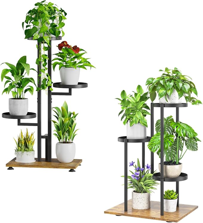 iDavosic.ly Plant Stand for Indoor Outdoor Set of 2, 4 Tier Metal Flower Pot Display Holder Shelf and 3 Layer Tall Corner Orchid Rack for House Patio Balcony Garden Living Room Porch, Black