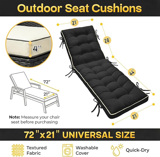 72x21 Inch Folding Chaise Lounge Cushion Quick Dry - Outdoor Sun Lounger Seat Pad with Shredded Foam for Patio Furniture, Deck Chairs, Poolside (Black, 72 INCH × 21 INCH)