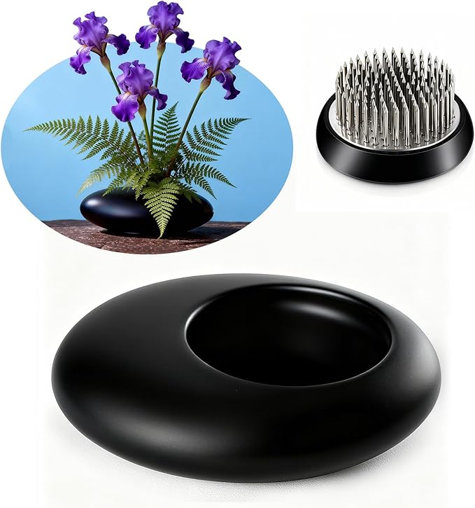 Japanese Inspired Ceramic Vase Ikebana kit, Pebble Shaped Flower Arrangement Bowl with 1.57inch Flower Frog Pin Frog Flower Stems Holder (Small Black)