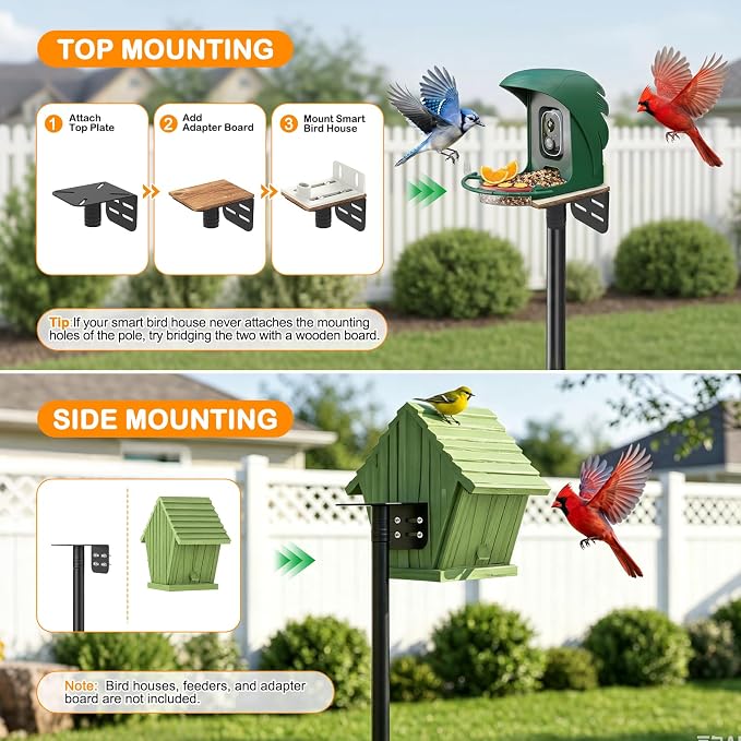 Bird Feeder Pole 85 Inch, Heavy Duty Adjustable Bird House Pole Mount Kit | Universal Top and Side Mount for Smart Bird Feeders, Bird Houses, Seed Trays and Weather Stations with 4-Stake Stable Base