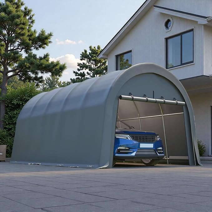 12x20 FT Anti-Snow Carport, Heavy-Duty Portable Garage with Steel Frame & Vented Roof, Removable Double-Zipper Door, Waterproof Outdoor Storage Shelter for Trucks, Boat, Easy Assembly, Grey