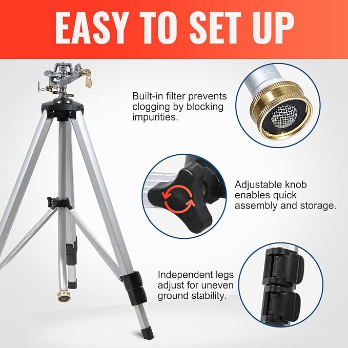 YAMATIC Impact Sprinkler on Adjustable Tripod Base, 360 Degree Large Area, Heavy Duty Adjustable Pulsator Sprinkler for Lawn, Yard and Grass Irrigation, Spray up to 20-90ft(Zinc Head)