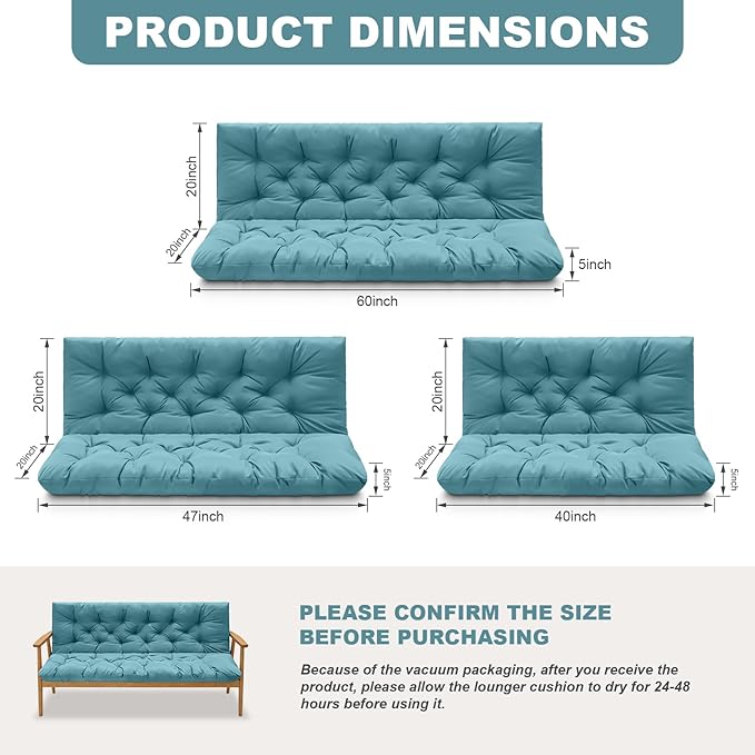 Porch Swing Cushions,Outdoor Cushions 3 Seater Replacement with Backrest, Waterproof Thickened Bench Cushion with Ties for Porch, Patio,Outdoor, Backyard and Garden (Lake Blue 47 * 40 in)