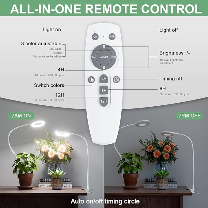 Grow Lights for Indoor Plants, Clip Plant Lights for Indoor Growing with Auto On/Off Timing 4/8/12 Hrs,10 Dimmable Levels,3 Spectrum Modes, Adjustable Gooseneck, Remote Control,2 Packs