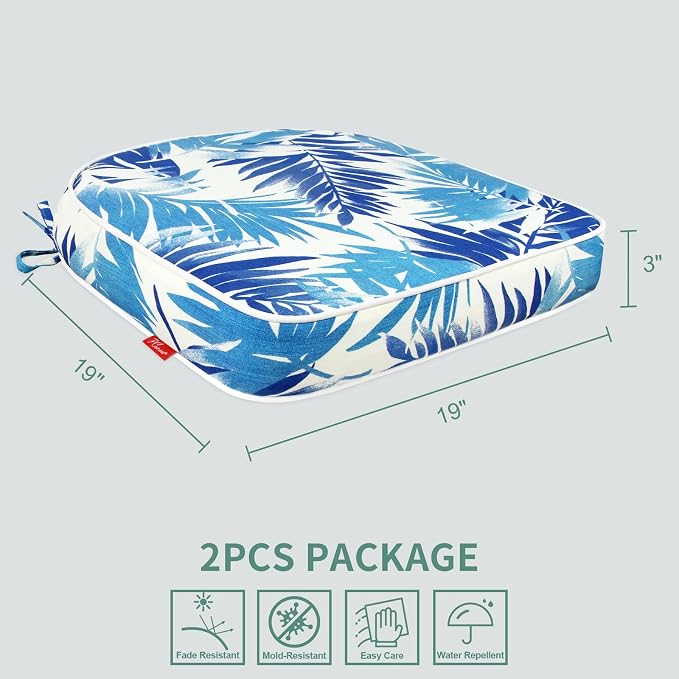 Outdoor Chair Cushions Set of 2, 19x19 Inch U-Shape Patio Seat Cushions with Ties, Water & Fade Resistant High Density Foam Cushions for Garden Patio Chairs, Blue Leaf