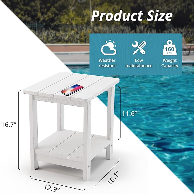 LUE BONA Adirondack Outdoor Side Table, 2-Tier White HDPS Patio End Table Weather Resistant, Morden Side Table for Patio, Pool, Porch