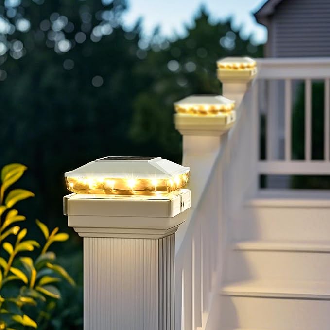 KEILAIMO Solar Post Cap Lights, 6 Pack Upgraded Outdoor Deck Fence Post Solar Lights for 4x4 5x5 Wood/Vinyl Posts, IP65 Waterproof, 10-12 Hours Warm White Glow for Garden/Patio/Porch - White