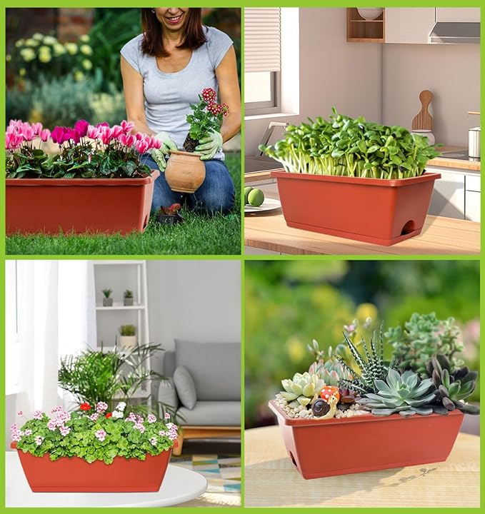 LOCONHA Window Box Planter, 7 Pack Plastic Vegetable Flower Planters Boxes 17 Inches Rectangular Flower Pots with Saucers for Indoor Outdoor Garden, Patio, Home Decor