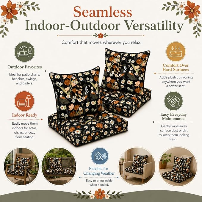 22x22 Waterproof Outdoor Chair Cushions Set of 2, Patio Cushions for Outdoor Furniture Water-Resistant & Fade-Resistant, Deep Seat & Back Cushion for Wicker Sofa (Black Floral)