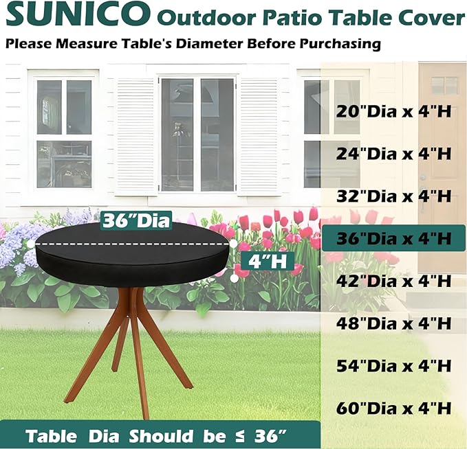 SUNICO Outdoor Round Table Cover 36" Dia, Patio Table Cover Round for Patio Circle Coffee Table & Tea Table & Picnic Table.Windproof, Waterproof, Stain-Resistant, Durable Table Cover