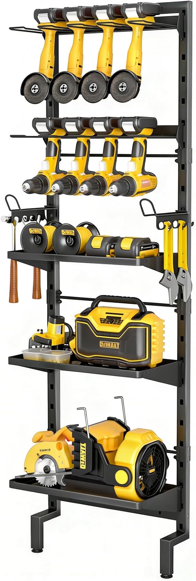 BUKFEN Garage Tool Storage Rack, Wall Mount 5-Tier Heavy Duty Metal Organizer with 8 Drill Holder Slots, Adjustable Shelves, Side Hooks Workshop Utility 1 Pack Black Vertical Space-Saving