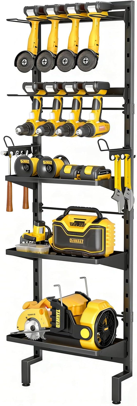 BUKFEN Garage Tool Storage Rack, Wall Mount 5-Tier Heavy Duty Metal Organizer with 8 Drill Holder Slots, Adjustable Shelves, Side Hooks Workshop Utility 1 Pack Black Vertical Space-Saving