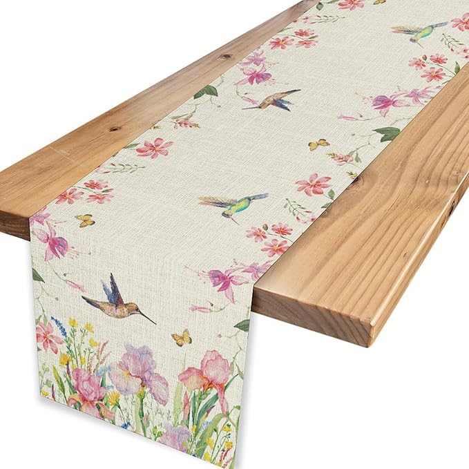 Floral Birds Table Runner, Rustic Boho Wildfloral Watercolor Butterfly Hummingbird Spring Seasonal Coffee Table Center Decor for Family Kitchen and Dining Farmhouse Party Table Decorations, 13"x90"
