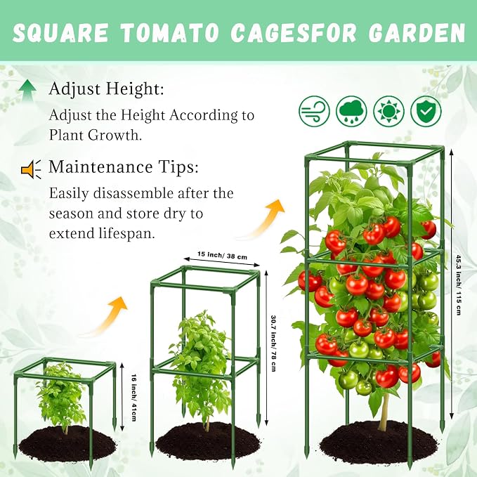 Riare 6 Pack Square Tomato Cages for Garden- 45 Inch Heavy Duty Tomato Stakes Plant Support, Metal Tomato Trellis for Climbing Plants Outdoor, Raised Garden Bed, Vegetables Flowers