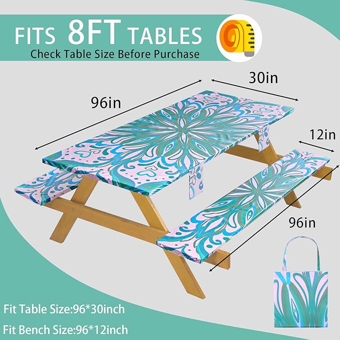 Fitted Waterproof Picnic Table Cover with Bench Covers Elastic Polyester 96in Camping Tablecloths for 8Foot Rectangle Tables Summer Fall Glamping Roadtrip Stuff Festival Vacation Items Gift