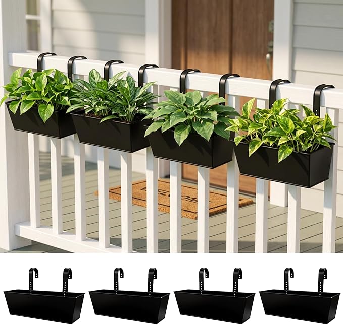 LaLaGreen Rail Planter (16 Inch, 4 Pack) Rectangular Metal Hanging Flower Railing Fence Balcony Gardening for Apartment Patio Planters Outdoor Deck Decoration Garden Style Iron Porch Decor Pots