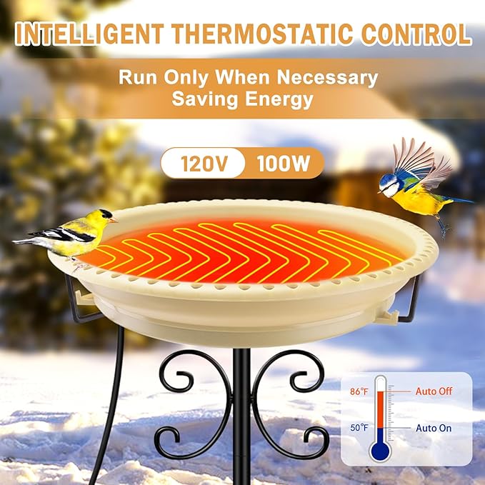 Daoeny Heated Bird Bath for Winter, Upgraded 100W Heated Bird Baths for Outdoors Thermostat Control with 5-Prong Metal Base, Heated Bird Bath for Outside Winter Garden Patio Yard Lawn (Khaki)