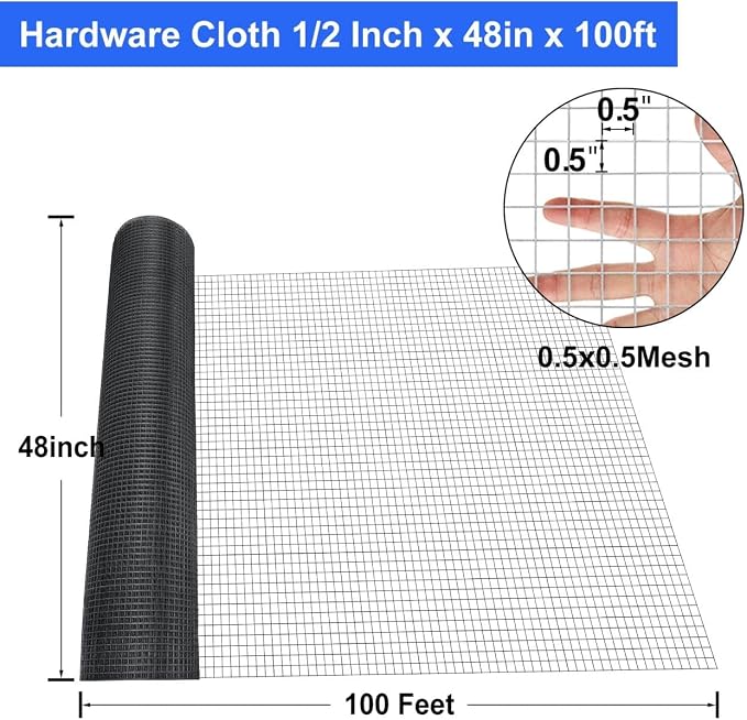 Land Guard Hardware Cloth 1/2 inch 48inx100.1ft PVC Vinyl Coated 19 Gauge Square Chicken Wire Fence Mesh Roll Raised Garden Bed Plant Supports Poultry Netting Cage Snake Fence…