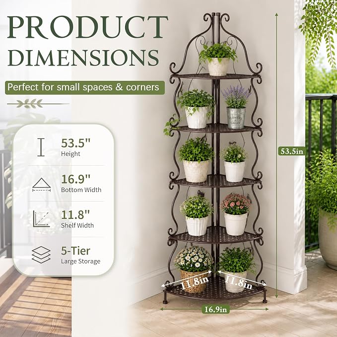 Gisafai 5 Tier Outdoor Corner Plant Stand, Corner Bakers Rack, No Assembly Required Metal Corners Shelf, for Patio Garden Balcony Indoor Outdoor Decor(Rustic Brown)