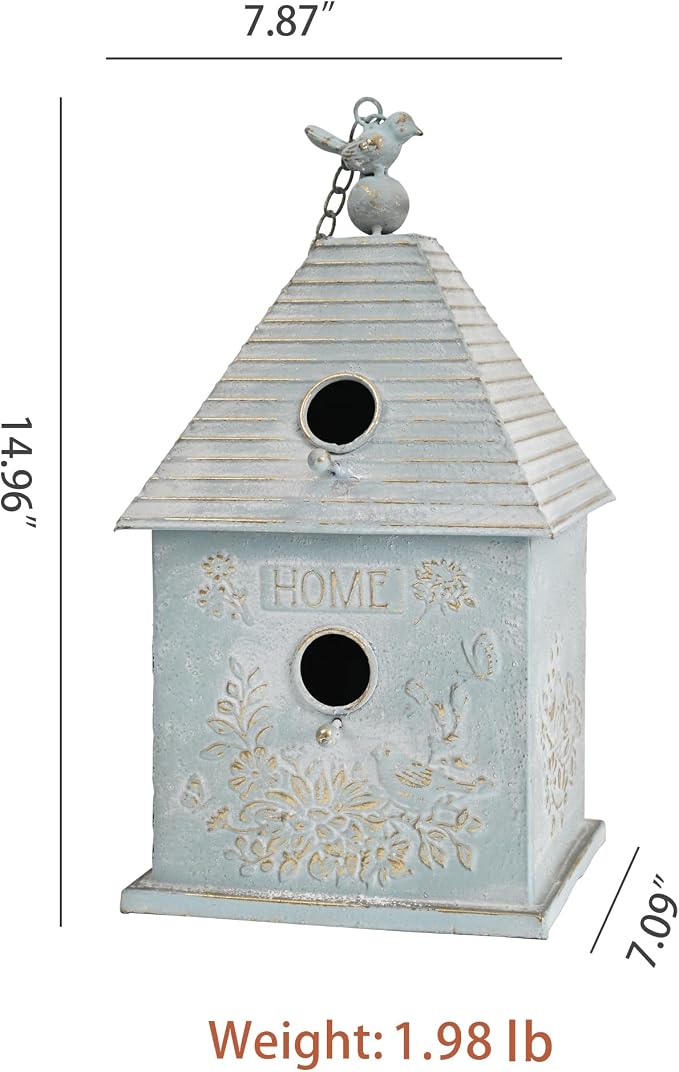 Distressed White Hanging Birdhouse with Home Emblem, Rustic Farmhouse Decorative Bird Nest Box for Outdoor Garden, Patio, Yard, Weathered Bird Shelter for Small Birds (Blue)