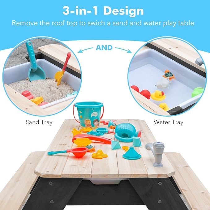 Kids 3-in-1 Sand & Water Table, Wood Outdoor Convertible Picnic Table w/Umbrella, 2 Trays, Removable Top with Faucet, Picnic Table for Outdoor Playset (Black/Orange)