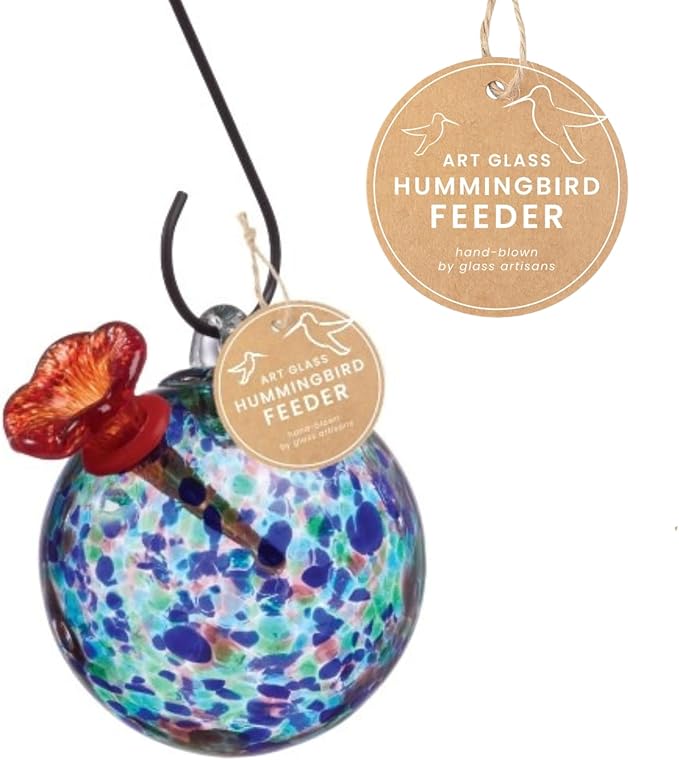Red Carpet Studios Hummingbird Feeder Hand-Blown Art Glass, Hanging Birdfeeder with Red Flower Feeding Port, 5.5" Round Turquoise