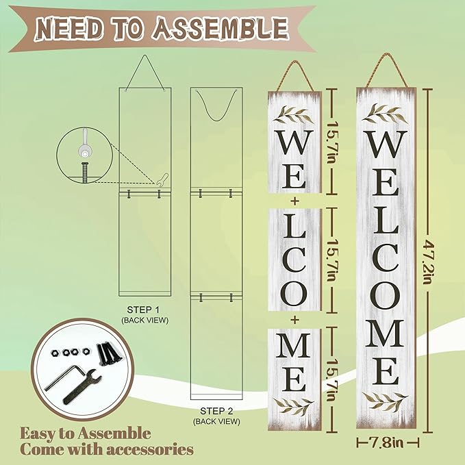 Summer Welcome Sign for Porch 47" Retro White Wooden Door Sign for Outdoor Decoration Rustic Cabin Large Porch Signs For Patio Farmhouse Vertical Signs for Seasons Standing Yard Signs for Garden