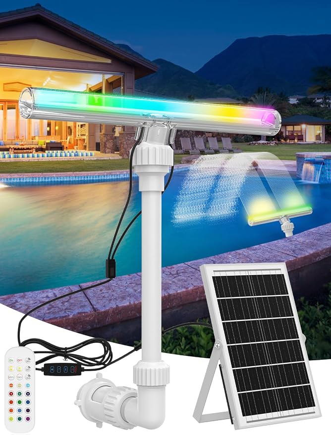 Solar Pool Fountain with 15-Color LED Lights, Adjustable Water Pressure & Spray Angle, Pool Waterfall Sprinkler for Above Ground & Inground Pools, Ponds, Outdoor Decor