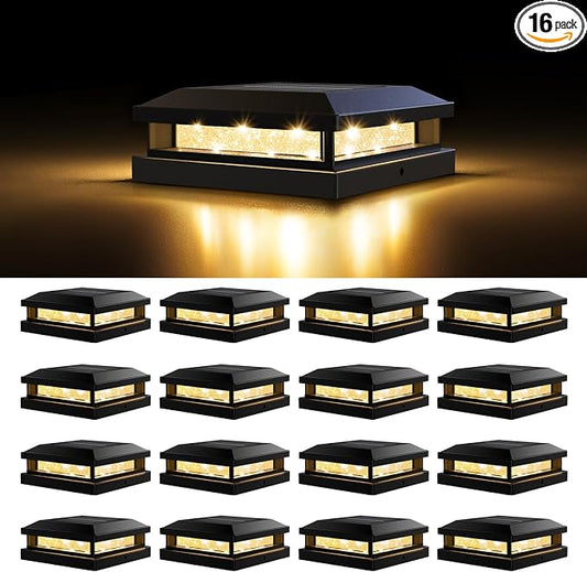 Solar Post Cap Lights Outdoor 16 Packs for 4x4 5x5 Vinyl/Wooden Posts, Waterproof Solar Powered Fence Cap Light with Warm/Cool Lighting, Black 16LEDs Deck Caps Lights for Yard, Garden, Patio