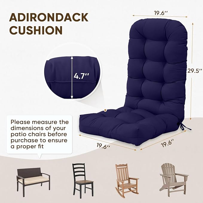 COOS BAY High Back Adirondack Chair Cushions for Outdoor Furniture, 49x20x5 in Water-Resistant Thick Tufted Patio Chair Cushions with Secure Straps, Set of 2, Dark Blue