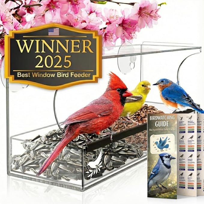 Window Bird Feeder by Nature’s Hangout - Award-Winning Clear Acrylic Bird Feeders for Outdoors, No Assembly, Strong Suction Cups, Bird Watching for Cats, Easy-to-Clean Birdhouse