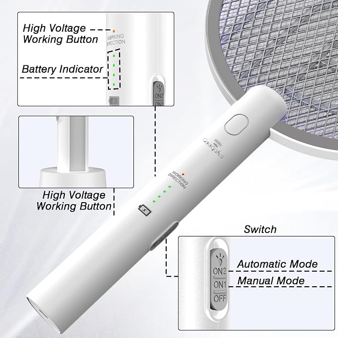 Bug Zapper Racket, 2 in 1 Mode Fly Swatter USB Rechargeable, 4000V Electric Fly Zapper with 3 Layer Safety Mesh，Electric Racket for Kitchen, Home, Garden and Outdoors