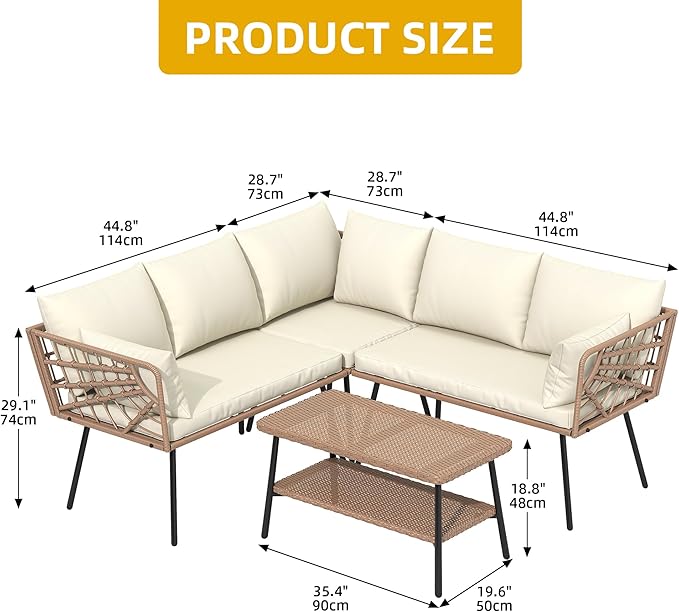 DWVO Outdoor Sectional Sofa 4 Piece 5-Seater Rattan Patio Furniture Set with 2-Tier Coffee Table&Cushions L Shape Couch Boho Conversation Sets for Garden Porch Backyard Relaxation