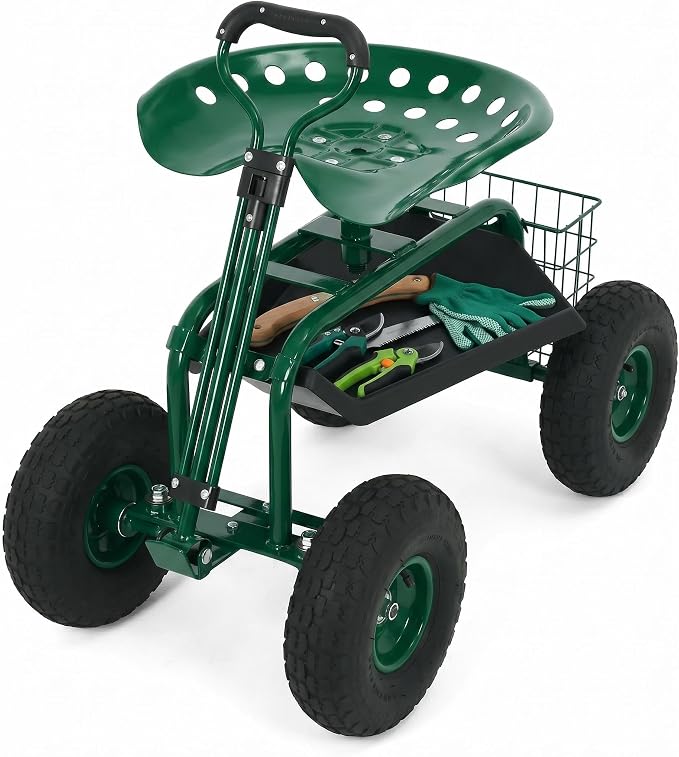 Garden Cart Rolling Workseat with Wheels, 360° Swivel Gardening Stool, Extendable Steering Handle & Utility Tool Tray, 10-Inch Inflatable Tires, Reinforced Steel Construction for Patio, Yard, Outdoor