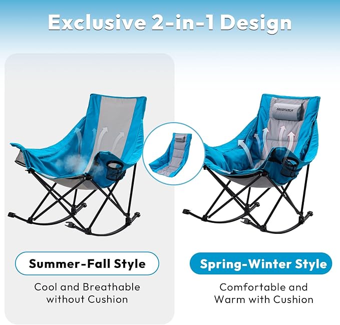 Swonder Oversized Rocking Camping Chair with Innovative 2-in-1 Removable Seat Cushion for All Seasons, Fully Padded Folding Outdoor Chair with Headrest and Carry Bag