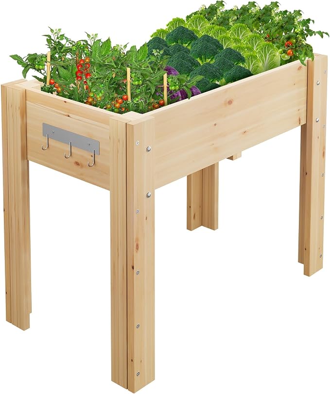 34x18x30IN Wooden Raised Garden Bed with Legs, Elevated Reinforced Large Planter Box for Vegetable Flower Herb Outdoor, Standing Growing Bed for Gardening/Backyard/Patio/Balcony, Liner Included