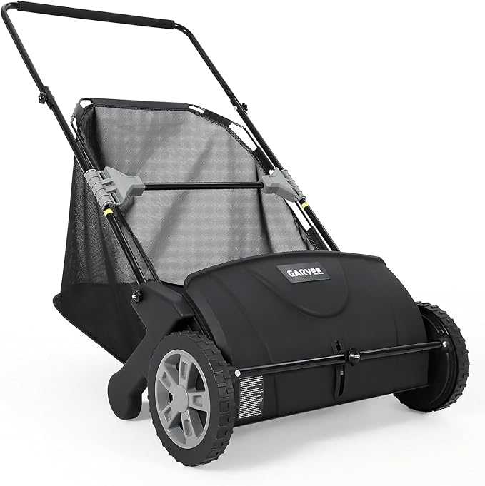 21-Inch Push Lawn Sweeper, Manual Leaf Sweeper with 3.5 Cu. ft. Mesh Collection Bag, Yard Sweeper with 2 Spinning Brushes & 10" Rubber Wheels, Walk-Behind Grass Collector for Lawns, Black