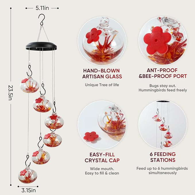 Headak Life Charming Wind Chimes Hummingbird feeders for Outdoors Hanging ant and bee Proof,Never Leak,Perfect Garden Decor for Outside(Tree of Life)