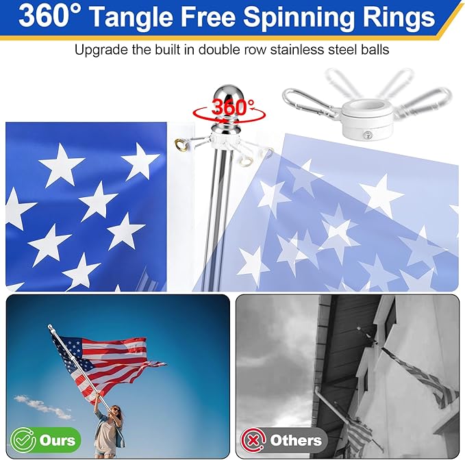 Flag Pole for Outside House, Heavy Duty Metal Flagpole for Residential, Outdoor or Porch, Stainless Steel Flag Poles, Upgraded Tangle Free Design, 1 Inch (5 FT, Sliver)