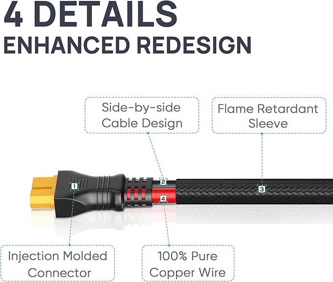 XT60 Extension Cable(10AWG 1FT), XT60 Male to Female Extension Cable with Flame Retardant Sleeve,Injection Molded XT60 Adapter Wire for Portable Power Station Solar Panel Generator RC Battery