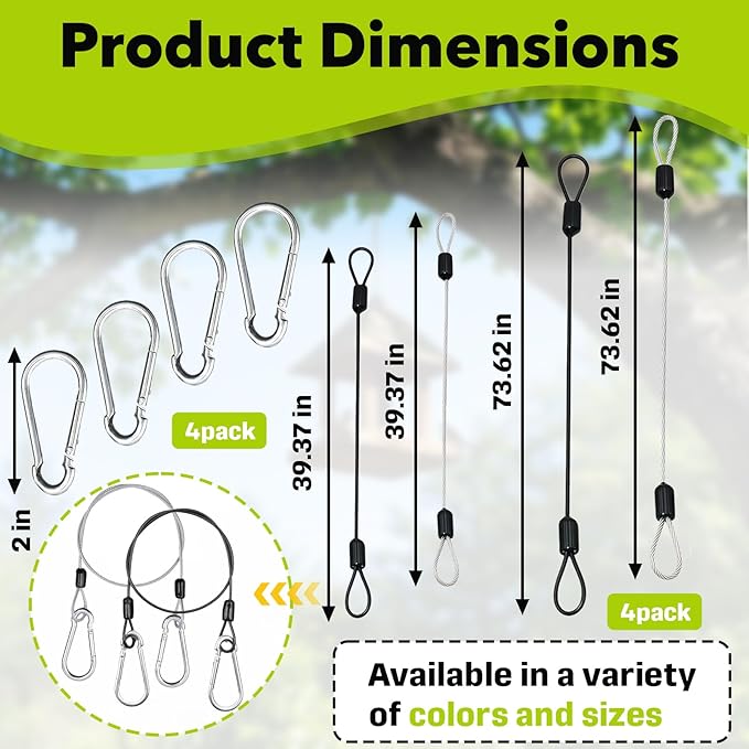 4PCS 39.3" & 73.6" Bird Feeder Hanger for Tree with Carabiner Clip, Stainless Steel Rope with Carabiner Clip, Flexible Steel Cable with Carabiner Hook for Outdoor Decor, Garden & Patio, Black & Silver