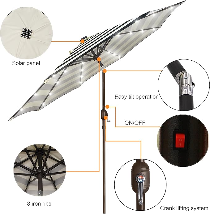 Blissun 9 ft Solar Umbrella, Patio Umbrella with 32 LED Lights, Table Market Umbrella, Outdoor Umbrella for Garden, Deck, Backyard, Black & Beige